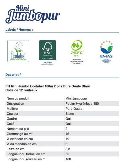 Papier Toilette GAUFRE- Jumbo, Ecolabel – 160m